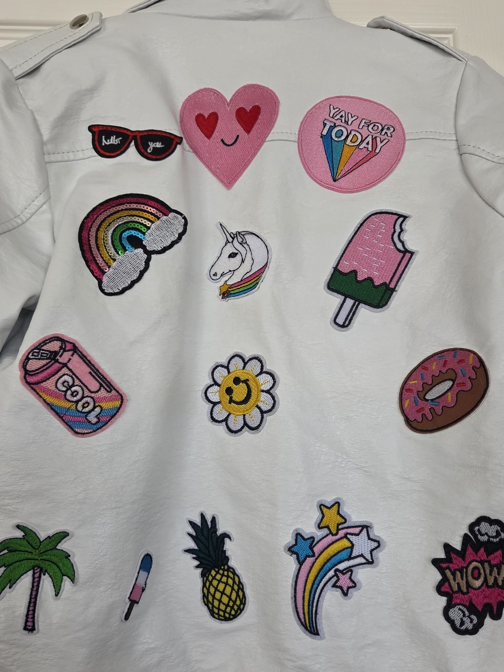 Lola + The Boys White Faux Leather Moto Jacket with Floral Zip Charms